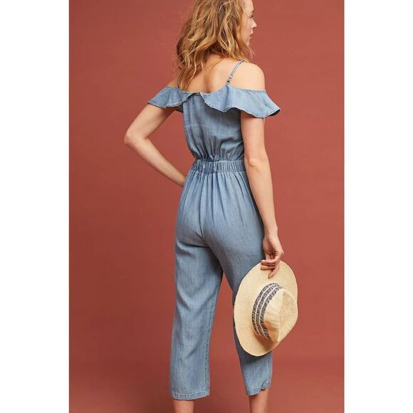 Anthropologie- Michael Stars Ruffled Open-Shoulder Jumpsuit - Picture 2 of 10
